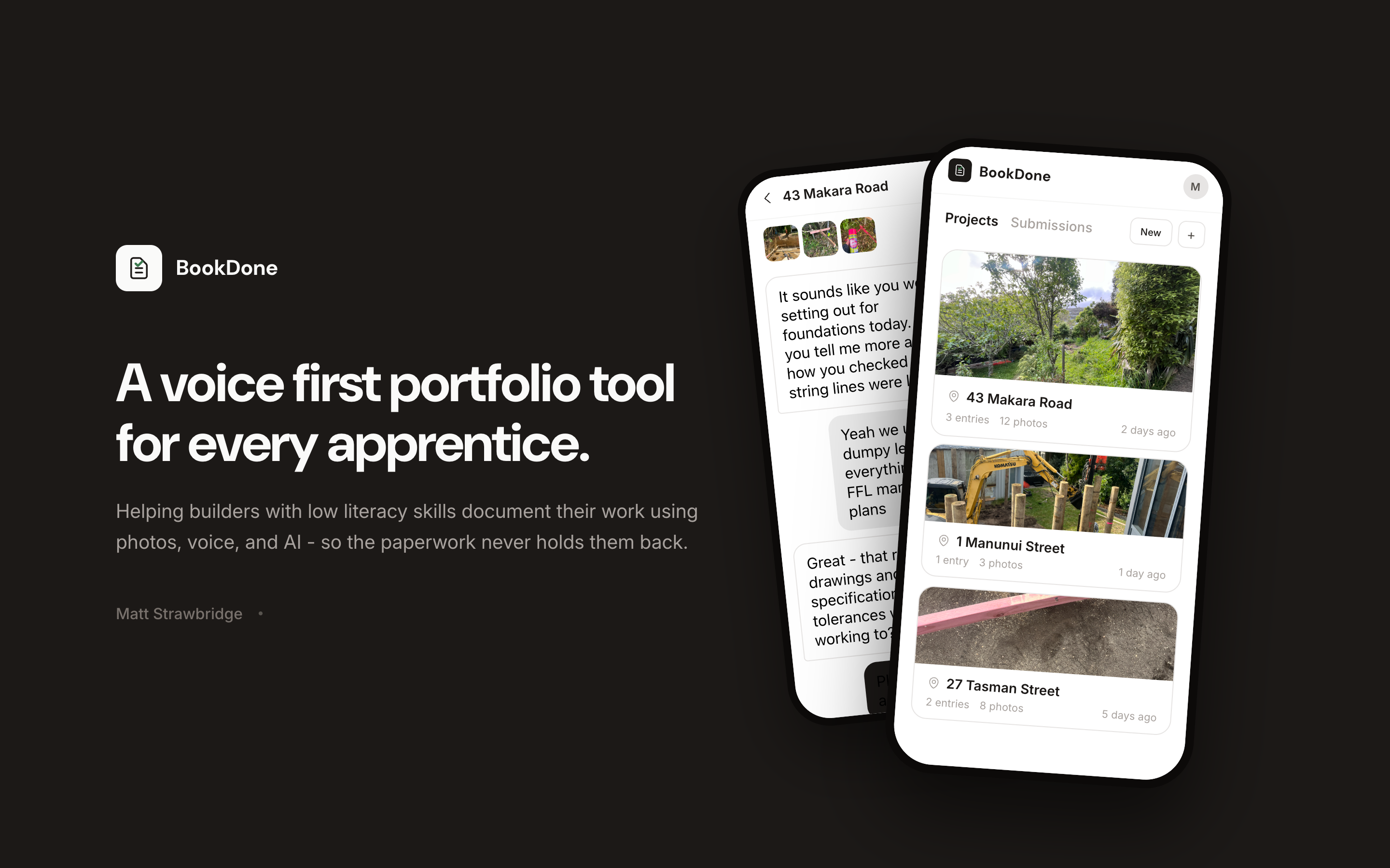 BookDone cover image showing mobile app screens and voice-first portfolio positioning.