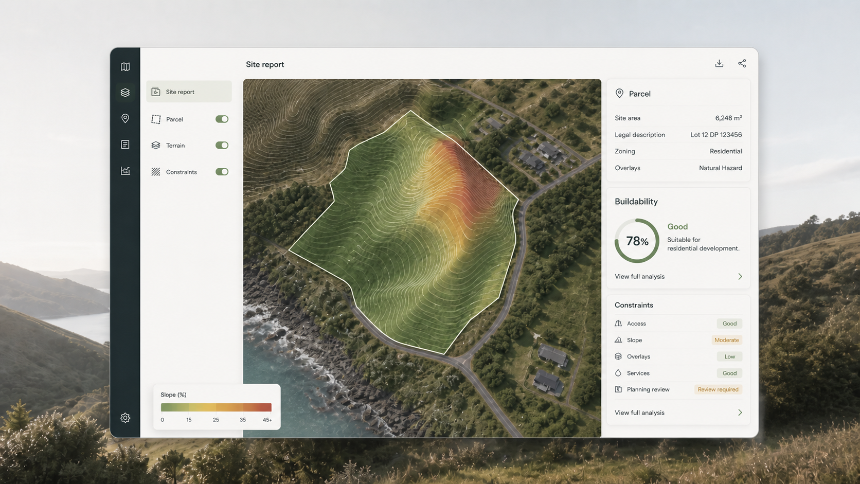 NZ site intelligence interface showing parcel details, buildability score, constraints, and terrain slope overlay.