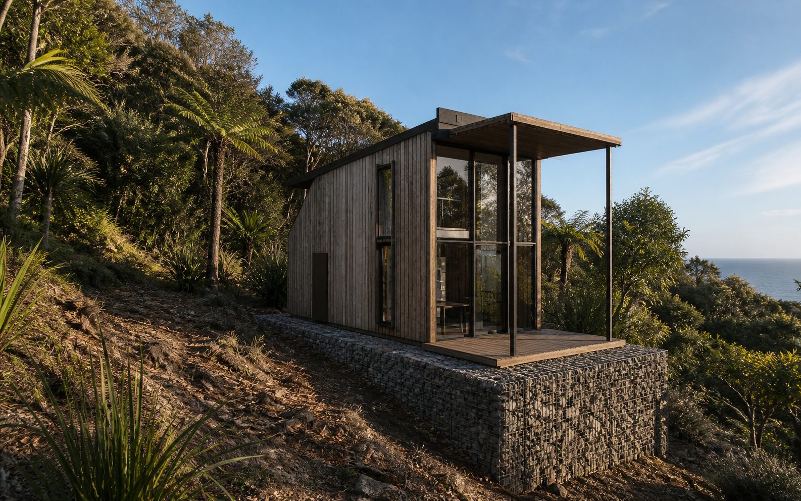 A hut with a raised storm shutter on the ridge nose above Rosalie Bay, Aotea Great Barrier Island.