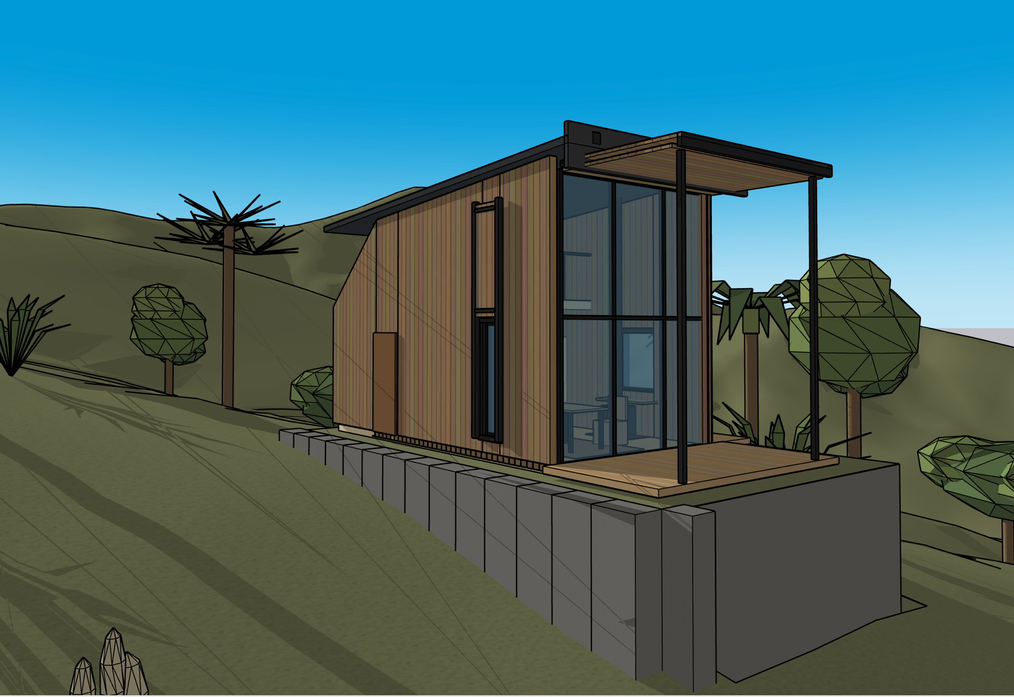 Developed SketchUp model of Scheme B with the shutter opened as a canopy