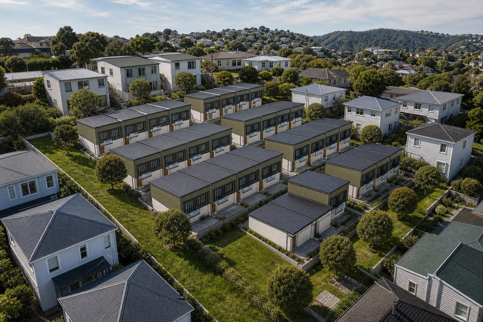 Aerial concept image of thirty cascade townhouses at 10 Hillview Crescent, Paparangi, generated from the working model