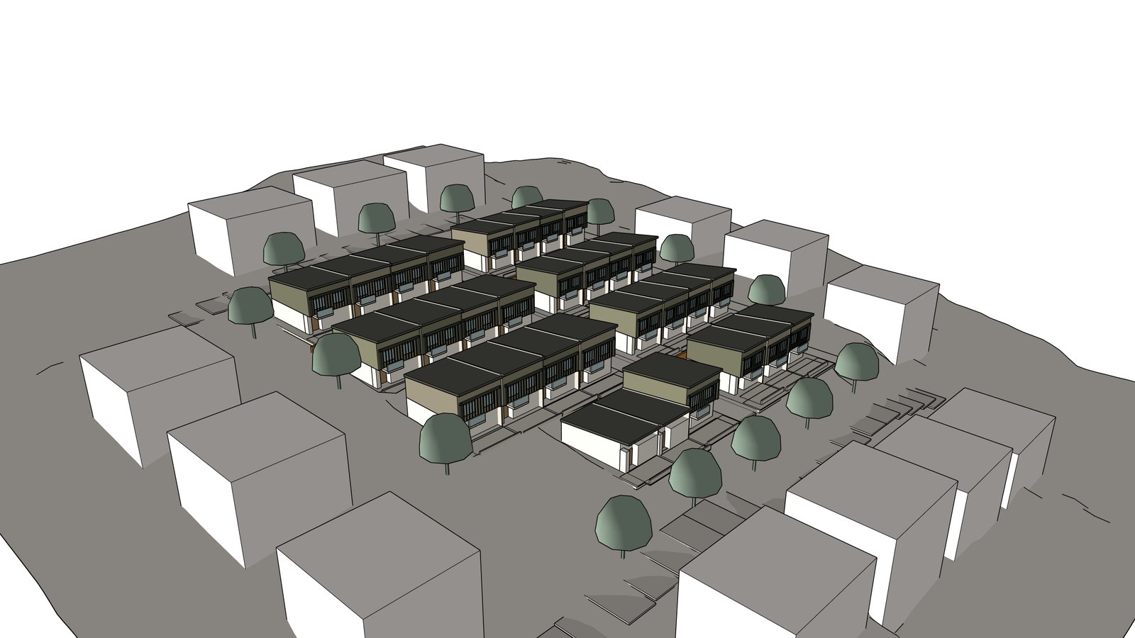 The working model from above: eight clusters on four benches with the green spine aligned through the middle